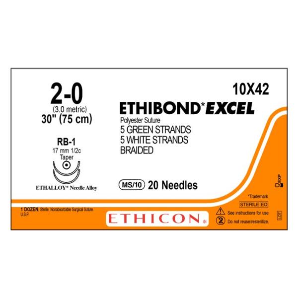 Ethicon Inc,a J & J Company Suture 2-0 Poly Rb-1/Rb-1 Ethibond Excel Green/White 5-30" Double Arm Brd 12/Bx - 10X42