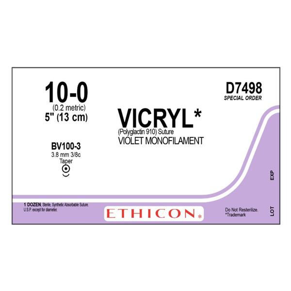 Ethicon Inc,a J & J Company Suture 10-0 Polyglactin 910 Bv100-3 Coated Vicryl Violet 5" Braid 12/Bx - D7498