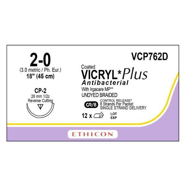 Ethicon Inc,a J & J Company Suture 2-0 Tcs/Pg910 Cp-2 Coated Vicryl Plus Undyed 18" Braid 12/Bx - VCP762D