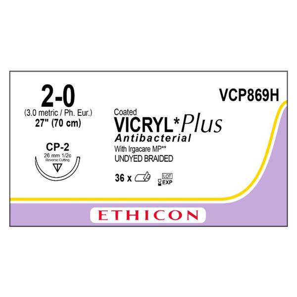 Ethicon Inc,a J & J Company Suture 2-0 Tcs/Pg910 Cp-2 Coated Vicryl Plus Undyed 27" Braid 36/Bx - VCP869H