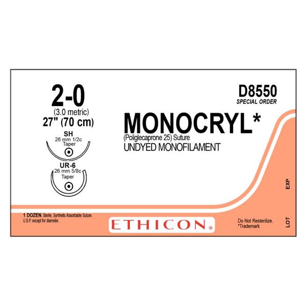 Ethicon Inc,a J & J Company Suture 2-0 Pcl25 Ur-6/Sh Monocryl Undyed 27" Double Arm Monofilament 12/Bx - D8550
