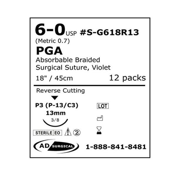 AD Surgical Suture 6-0 Polyglycolic Acid P-3 Unify Violet 18" Braid 12/Bx - S-G618R13