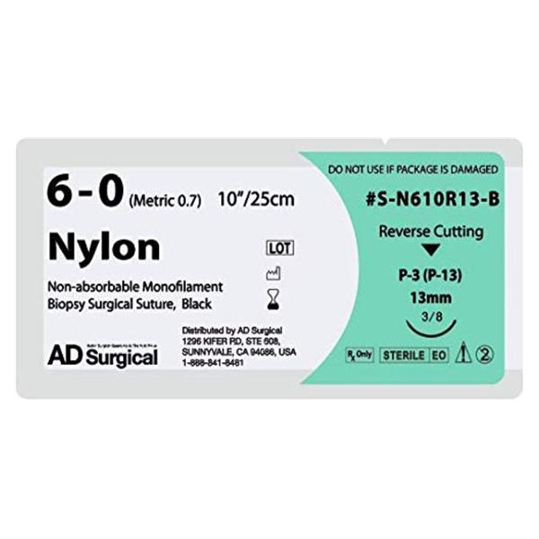 AD Surgical Suture 6-0 Nylon P-3 Unify Black 10" Monofilament 12/Bx - S-N610R13-B