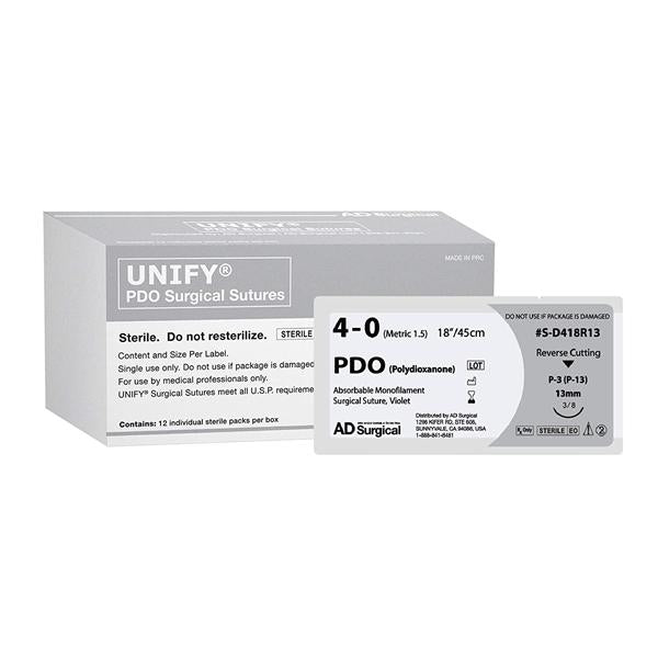 AD Surgical Suture 4-0 Polydioxanone P-3 Unify Prolene Violet 18" Monofilament 12/Bx - S-D418R13