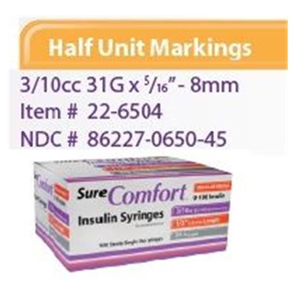Allison Medical Syringe/Needle 0.3Cc 31Gx5/16" Surecomfort U-100 Insulin Conventional 5X100/Ca - 22-6504