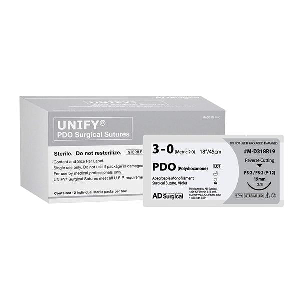 AD Surgical Suture 3-0 Polydioxanone Fs-2 Unify Violet 18" Monofilament 12/Bx - M-D318R19