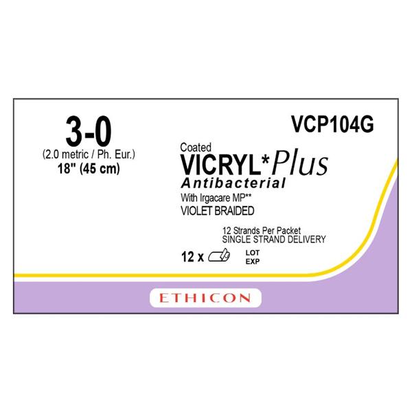 Ethicon Inc,a J & J Company Suture 3-0 Tcs/Pg910 No Needle Coated Vicryl Plus Violet 18" Braid 12/Bx - VCP104G