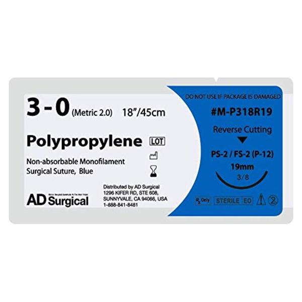AD Surgical Suture 3-0 Polypropylene Blue 18" Monofilament 12/Bx - M-P318R19