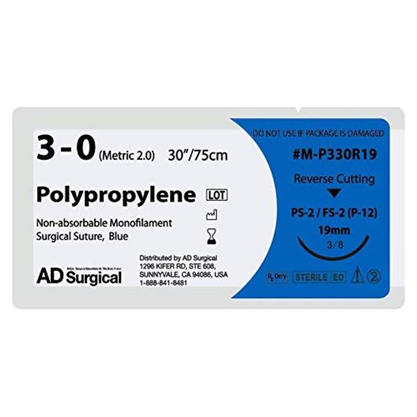 AD Surgical Suture 3-0 Polypropylene Blue 30" Monofilament 12/Bx - M-P330R19