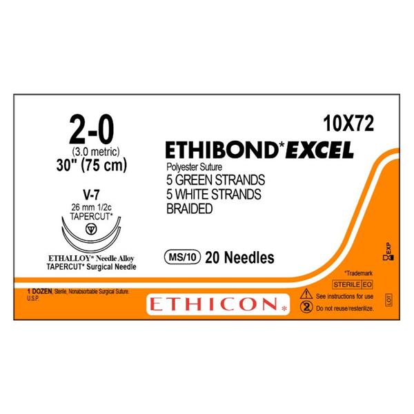 Ethicon Inc,a J & J Company Suture 2-0 Polyester V-7/V-7 Ethibond Excel Green/White 30" Double Arm Braid Bx - 10X72