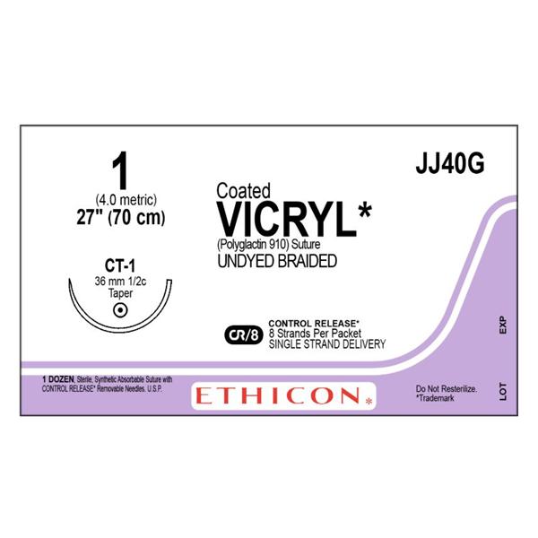 Ethicon Inc,a J & J Company Suture 1 Polyglactin 910 Ct-1 Vicryl Violet 8-27" Braid 12/Bx - JJ40G