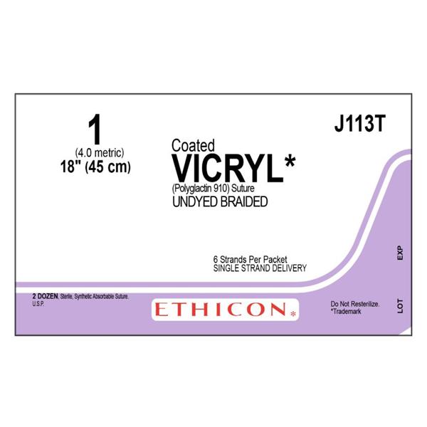 Ethicon Inc,a J & J Company Suture 1 Polyglactin 910 No Needle Vicryl Undyed 6-18" Braid 24/Bx - J113T