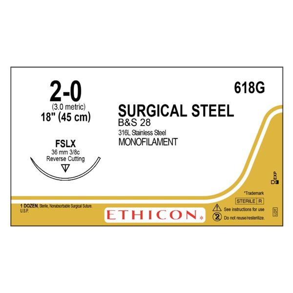 Ethicon Inc,a J & J Company Suture 2-0 B&S 28 Fslx Silver 18" Monofilament 12/Bx - 618G