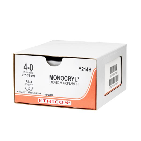 Ethicon Inc,a J & J Company Suture 4-0 Poliglecaprone 25 Rb-1 Monocryl Undyed 27" Monofilament 36/Bx - Y214H