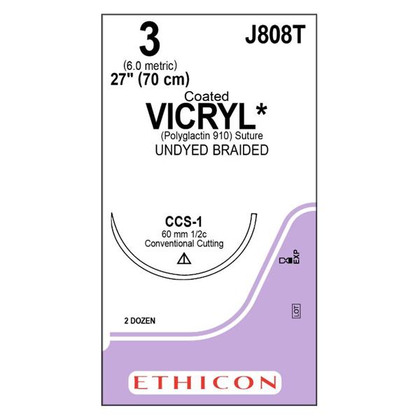 Ethicon Inc,a J & J Company Suture 3 Polyglactin 910 Ccs-1 Vicryl Undyed 1X27" Braid 24/Bx - J808T