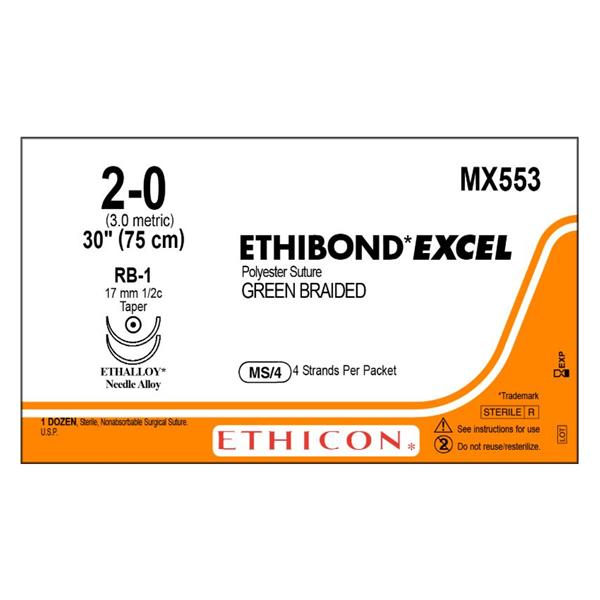 Ethicon Inc,a J & J Company Suture 2-0 Polyester Rb-1 Ethibond Excel Green 4-30" Braid Bx - MX553