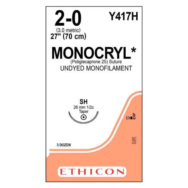 Ethicon Inc,a J & J Company Suture 2-0 Poliglecaprone 25 Sh Monocryl Undyed 27" Monofilament 36/Bx - Y417H