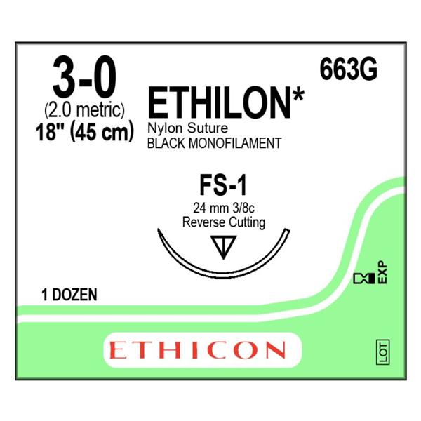 Ethicon Inc,a J & J Company Suture 3-0 Nylon Fs-1 Ethilon Black 18" Monofilament 12/Bx - 663G