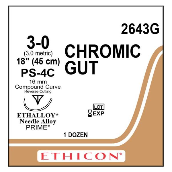 Ethicon Inc,a J & J Company Suture 3-0 Chromic Gut Ps-4C Brown 18" Monofilament 12/Bx - 2643G