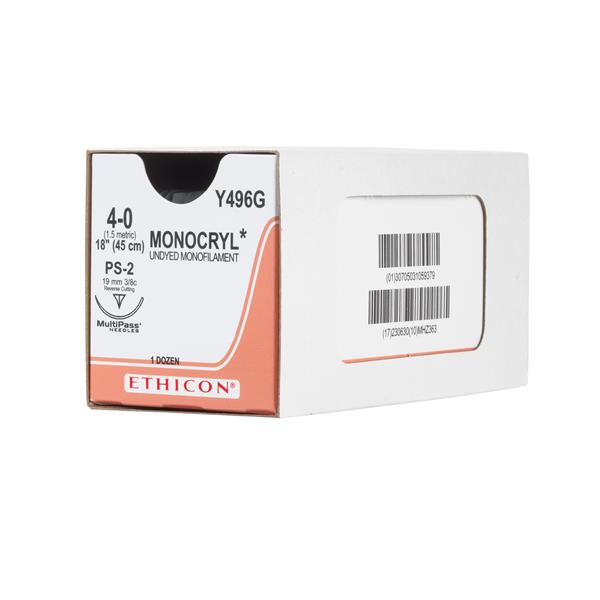Ethicon Inc,a J & J Company Suture 4-0 Poliglecaprone 25 Ps-2 Monocryl Undyed 18" Monofilament 12/Bx - Y496G