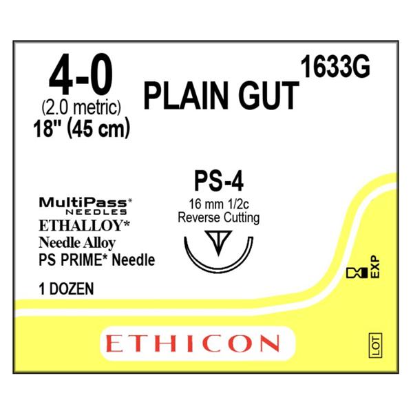 Ethicon Inc,a J & J Company Suture 4-0 Plain Gut Ps-4 Yellowish Tan 18" Monofilament 12/Bx - 1633G