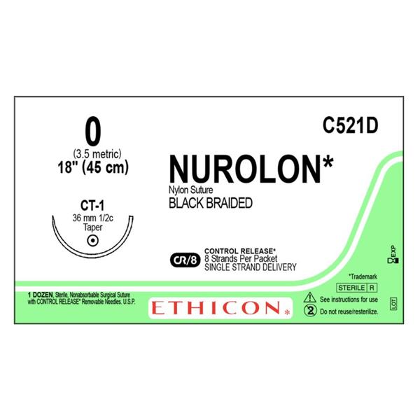 Ethicon Inc,a J & J Company Suture 0 Nylon Ct-1 Nurolon Black 8-18" Braid 12/Bx - C521D
