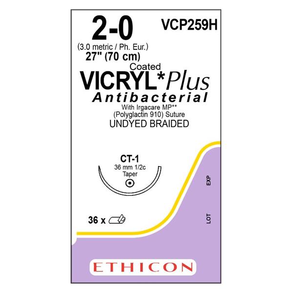 Ethicon Inc,a J & J Company Suture 2-0 Triclosan/Polyglactin 910 Ct-1 Vicryl Plus Undyed 27" Braid 36/Bx - VCP259H