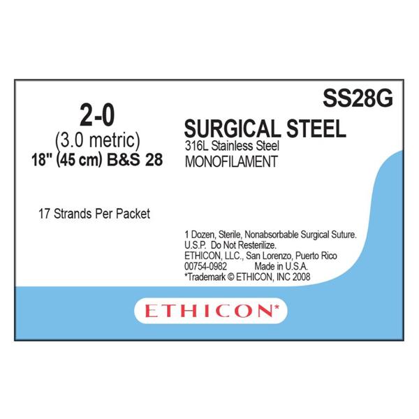 Ethicon Inc,a J & J Company Suture 2-0 B&S 28 No Needle Silver 17-18" Monofilament 12/Bx - SS28G