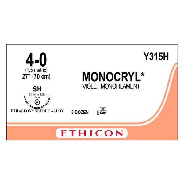 Ethicon Inc,a J & J Company Suture 4-0 Poliglecaprone 25 Sh Monocryl Violet 27" Monofilament 36/Bx - Y315H