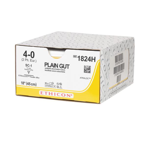 Ethicon Inc,a J & J Company Suture 4-0 Plain Gut Sc-1 Yellowish Tan 18" Monofilament 36/Bx - 1824H