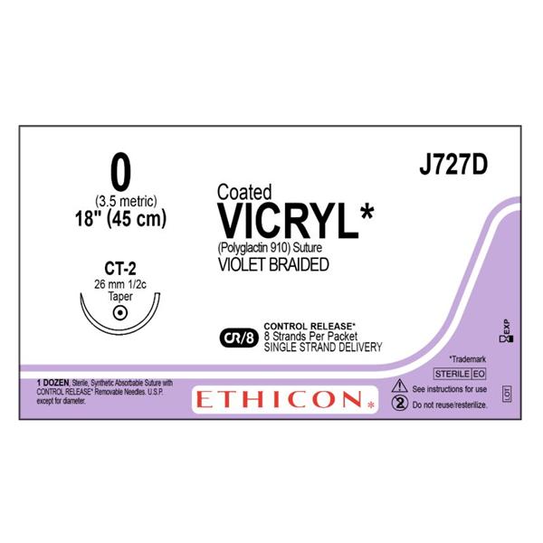 Ethicon Inc,a J & J Company Suture 0 Polyglactin 910 Ct-2 Vicryl Violet 8-18" Braid 12/Bx - J727D