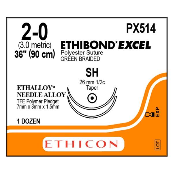 Ethicon Inc,a J & J Company Suture 2-0 Polyester Sh/Sh Ethibond Excel Green 36" Double Arm Braid Bx - PX514