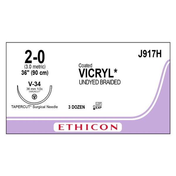 Ethicon Inc,a J & J Company Suture 2-0 Polyglactin 910 V-34 Vicryl Undyed 36" Braid 36/Bx - J917H