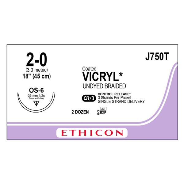 Ethicon Inc,a J & J Company Suture 2-0 Polyglactin 910 Os-6 Vicryl Violet 3X18" Braid Bx - J750T