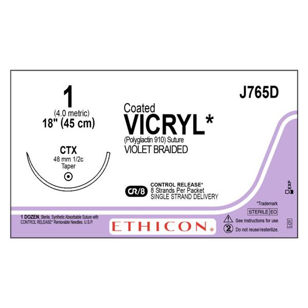 Ethicon Inc,a J & J Company Suture 1 Polyglactin 910 Ctx Vicryl Violet 8-18" Braid Bx - J765D