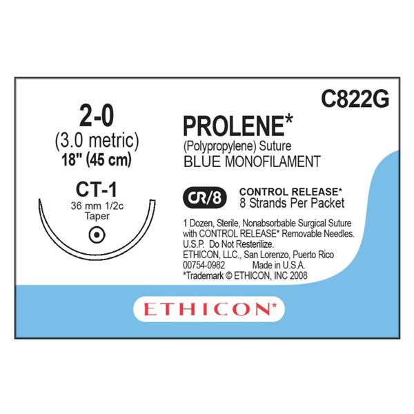 Ethicon Inc,a J & J Company Suture 2-0 Polypropylene Ct-1 Prolene Blue 8-18" Monofilament 12/Bx - C822G