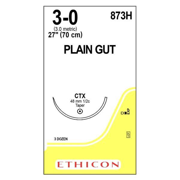 Ethicon Inc,a J & J Company Suture 3-0 Plain Gut Ctx Yellowish Tan 1X27" Monofilament 36/Bx - 873H