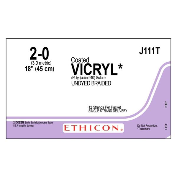 Ethicon Inc,a J & J Company Suture 2-0 Polyglactin 910 No Needle Vicryl Undyed 12-18" Braid 24/Bx - J111T