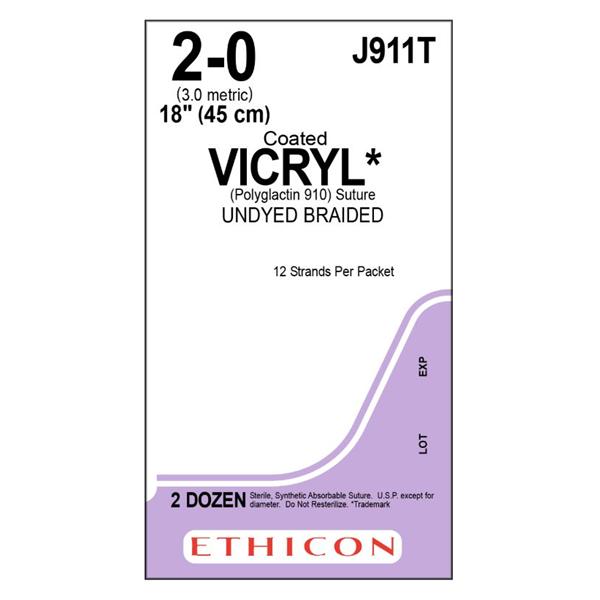 Ethicon Inc,a J & J Company Suture 2-0 Polyglactin 910 No Needle Vicryl Undyed 12-18" Braid 24/Bx - J911T