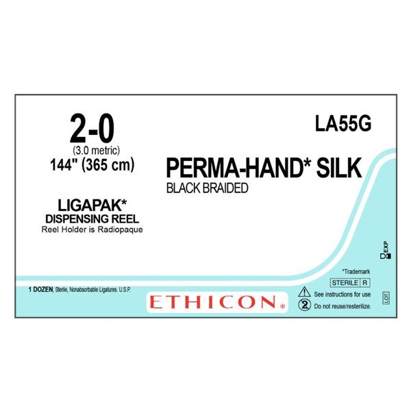 Ethicon Inc,a J & J Company Suture 2-0 Silk No Needle Perma-Hand Black 144" Braid 12/Bx - LA55G