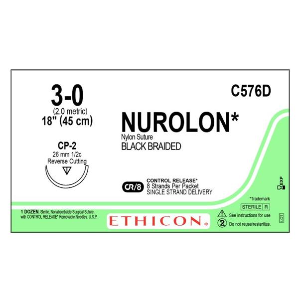 Ethicon Inc,a J & J Company Suture 3-0 Nylon Cp-2 Nurolon Black 8-18" Braid Bx - C576D