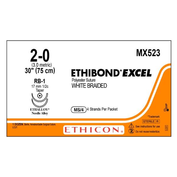 Ethicon Inc,a J & J Company Suture 2-0 Polyester Rb-1 Ethibond Excel White 4-30" Braid Bx - MX523