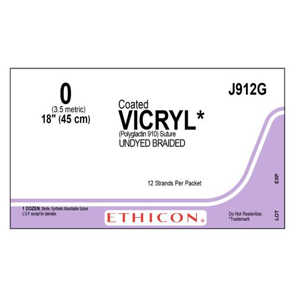 Ethicon Inc,a J & J Company Suture 2-0 Polyglactin 910 No Needle Vicryl Undyed 12-18" Braid 12/Bx - J912G