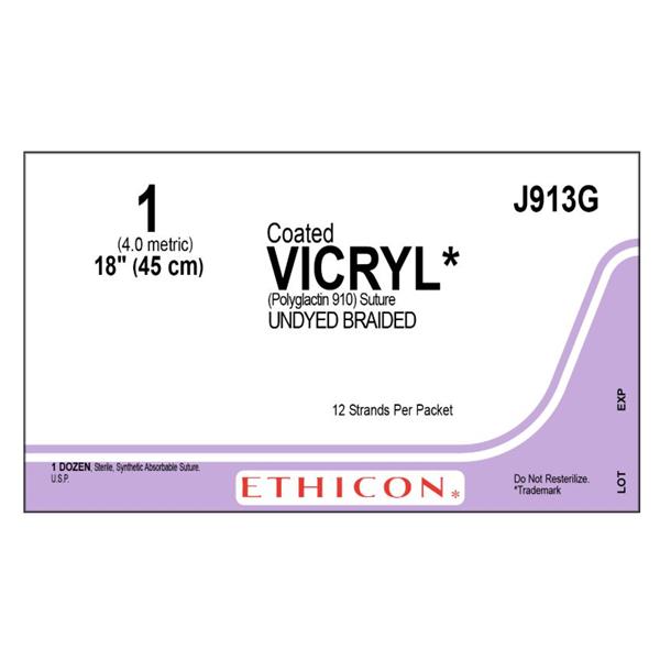 Ethicon Inc,a J & J Company Suture 1 Polyglactin 910 No Needle Vicryl Undyed 12-18" Braid 12/Bx - J913G