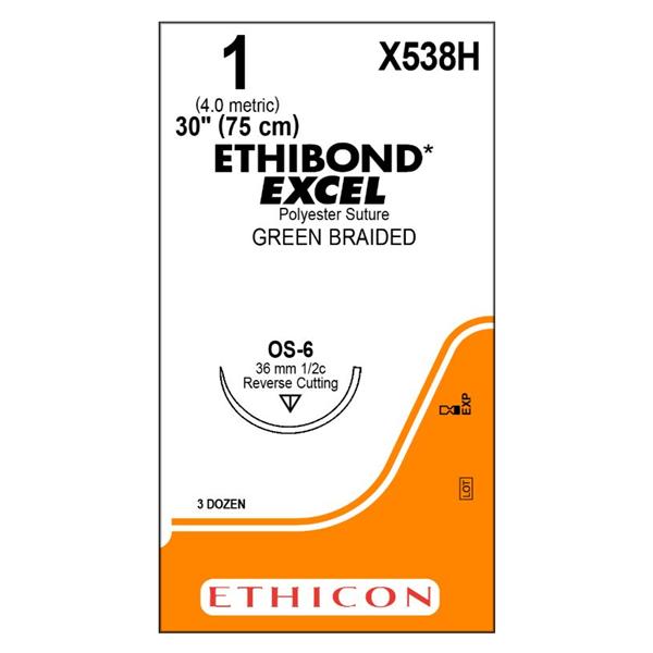 Ethicon Inc,a J & J Company Suture 1 Polyester Os-6 Ethibond Excel Green 30" Braid 36/Bx - X538H