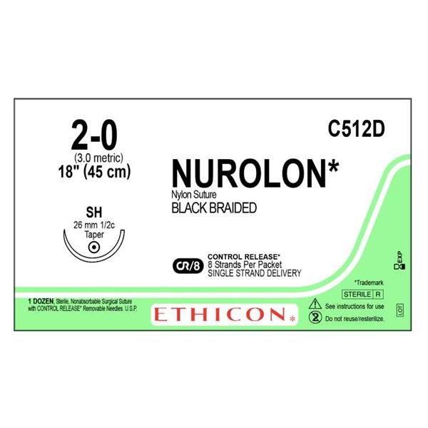 Ethicon Inc,a J & J Company Suture 2-0 Nylon Sh Nurolon Black 8-18" Braid 12/Bx - C512D
