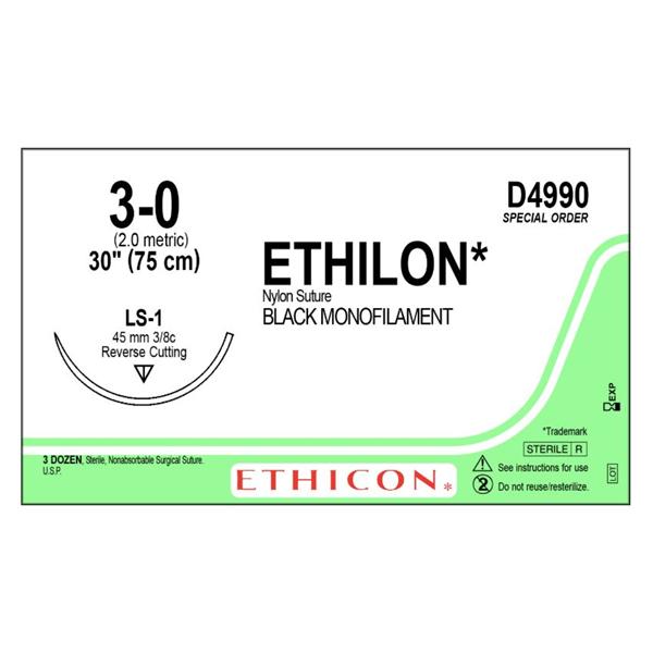 Ethicon Inc,a J & J Company Suture 3-0 Nylon Ls-1 Ethilon Black 30" Monofilament 36/Bx - D4990