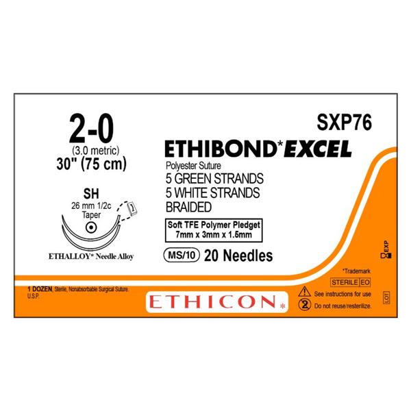 Ethicon Inc,a J & J Company Suture 2-0 Polyester Sh/Sh Ethibond Excel Green/White 30" Double Arm Braid 12/Bx - SXP76