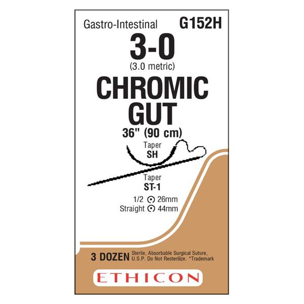 Ethicon Inc,a J & J Company Suture 3-0 Chromic Gut St-1/Sh Catgut Brown 1X36" Double Arm Monofilament 36/Bx - G152H