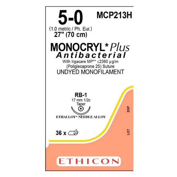 Ethicon Inc,a J & J Company Suture 5-0 Tcs/Pcl25 Rb-1 Monocryl Plus Undyed 27" Monofilament 36/Bx - MCP213H